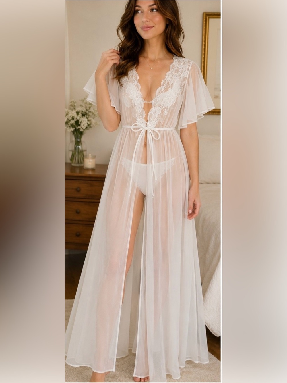 Vintage Val Mode Sheer Lace Peignoir Robe Bridal Lingerie Cover Up Small USA